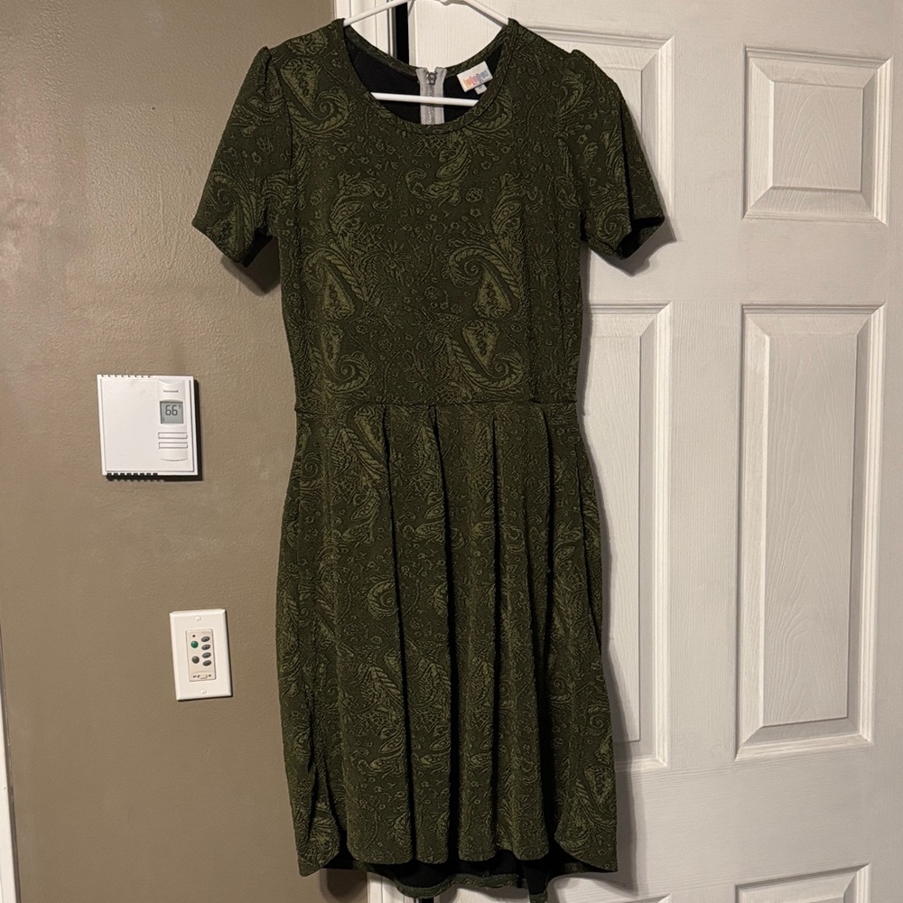 EUC LuLaRoe Green Paisley Amelia Pleated Stretchy Dress size M Medium Pockets